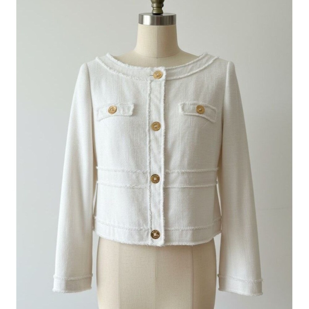 Lilly Pulitzer Millie Jacket Resort White Tweed Boucle Gold Button Blazer Size L